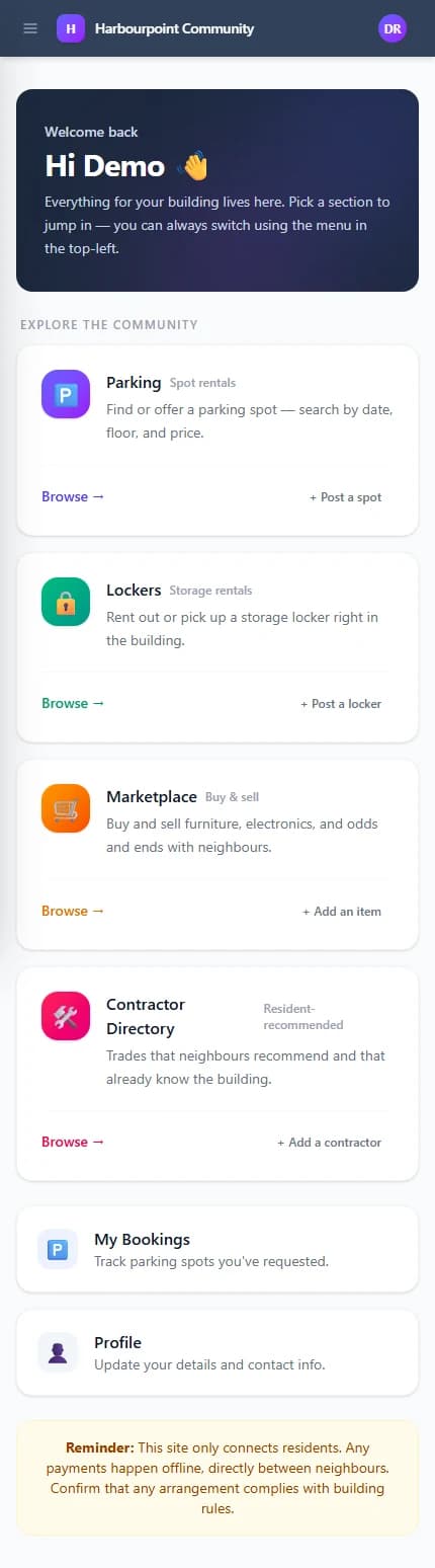 The resident dashboard arranged in a single column on a phone, with a demo account