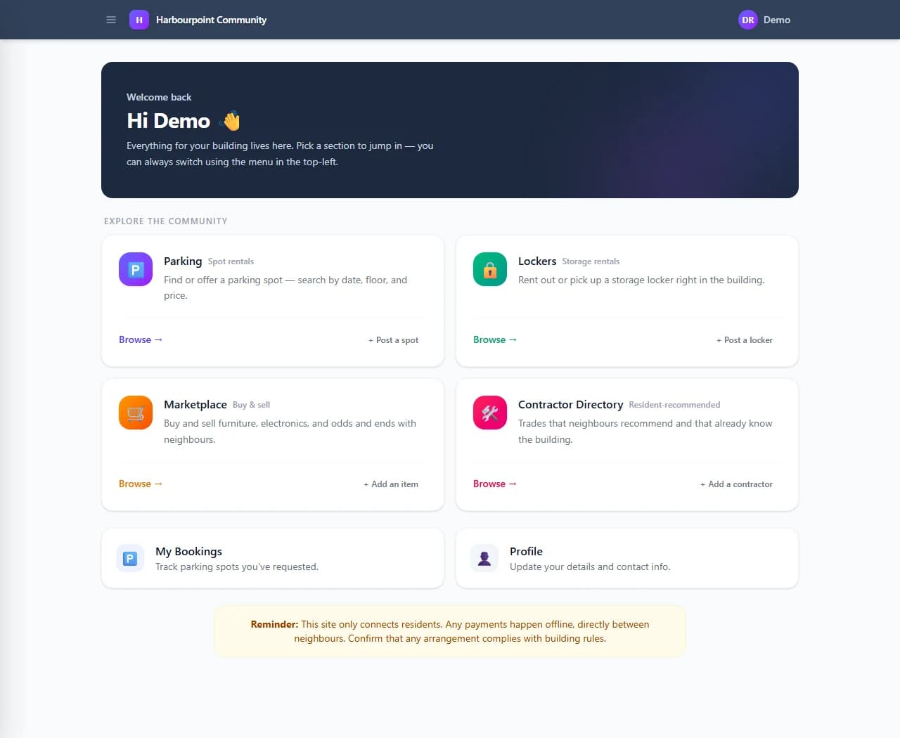 Harbourpoint resident dashboard with parking, lockers, marketplace, contractor directory, bookings, and profile shortcuts, shown with a demo account