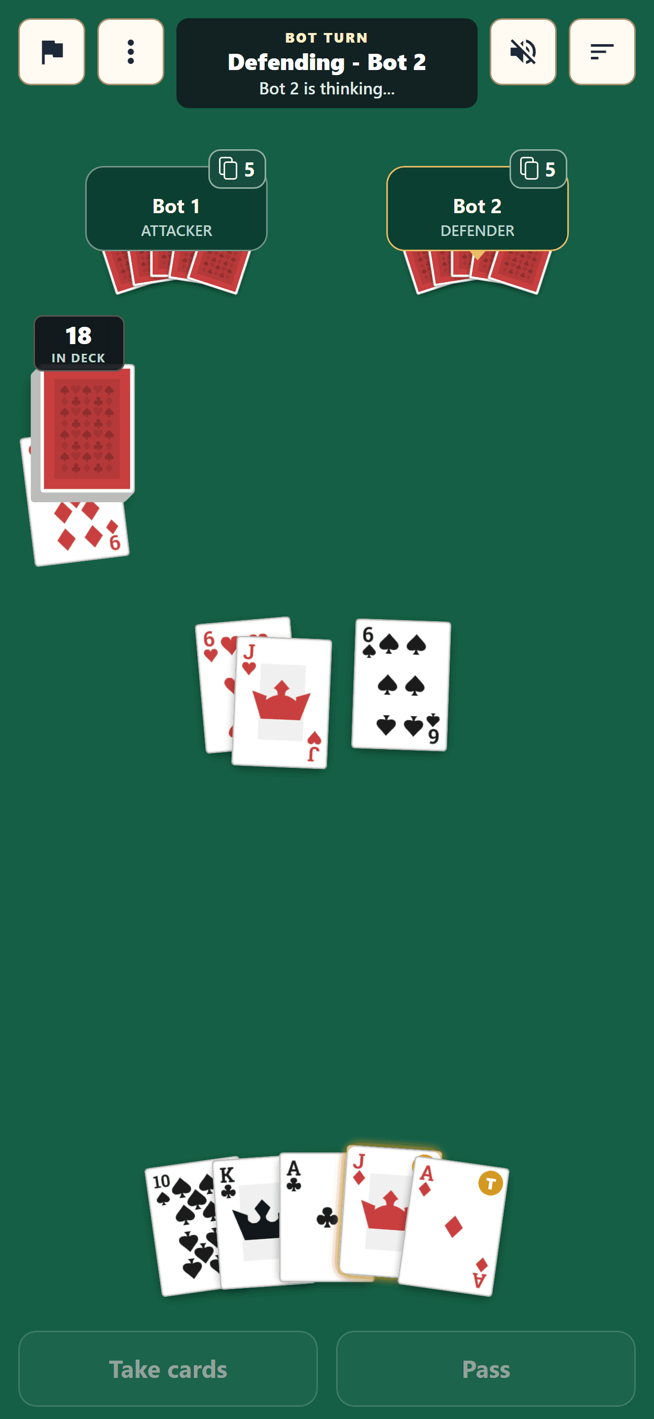 Durak gameplay with two bot opponents, an active card exchange, and the player's hand