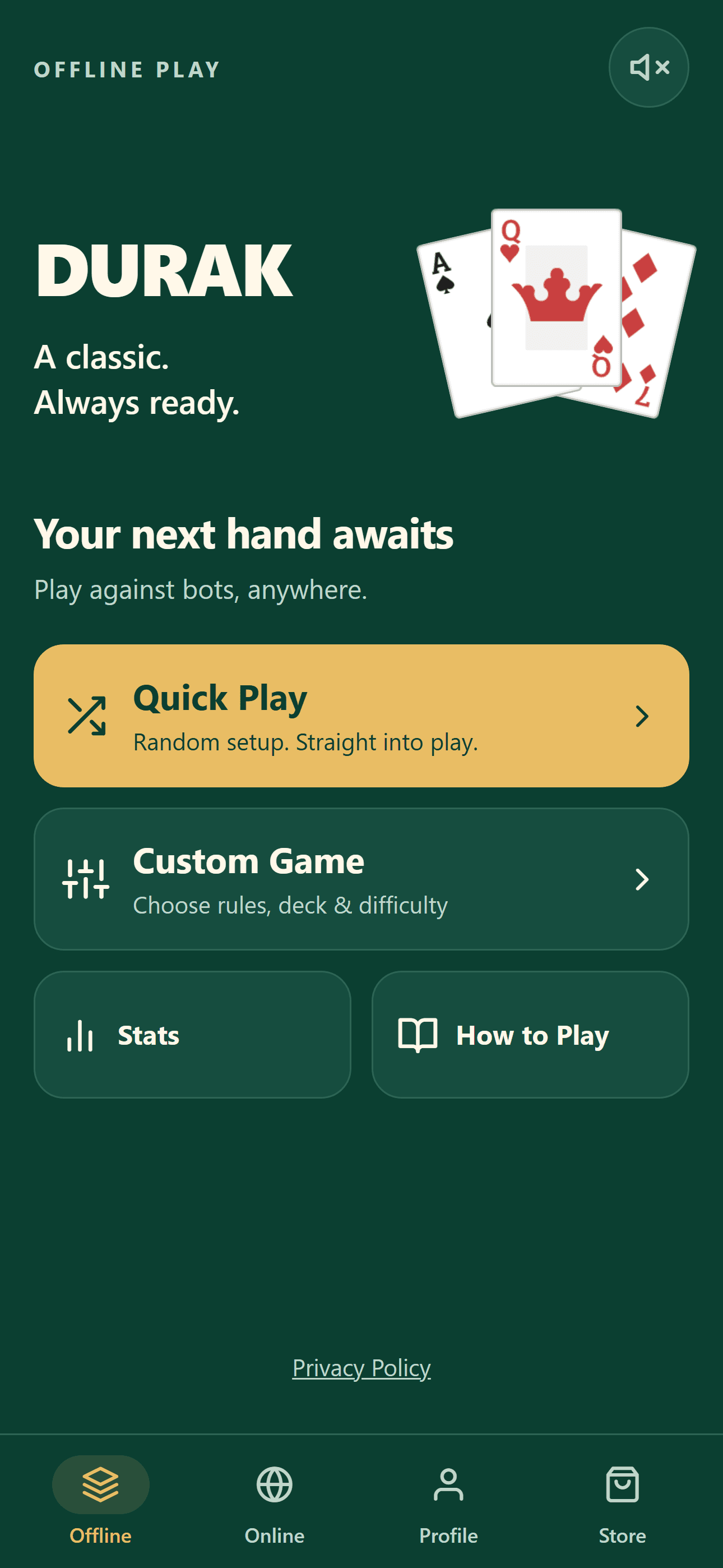 Durak's green and gold home screen with Quick Play and Custom Game actions