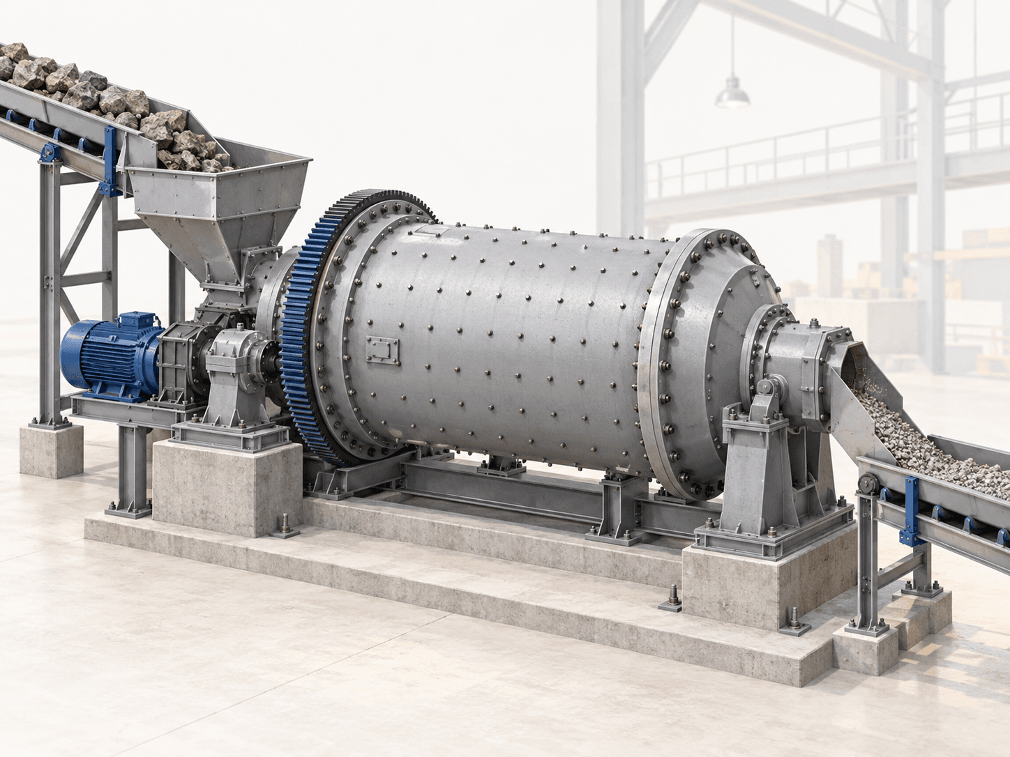 Concept illustration of an industrial grinding mill with coarse ore entering and finer mineral material leaving.
