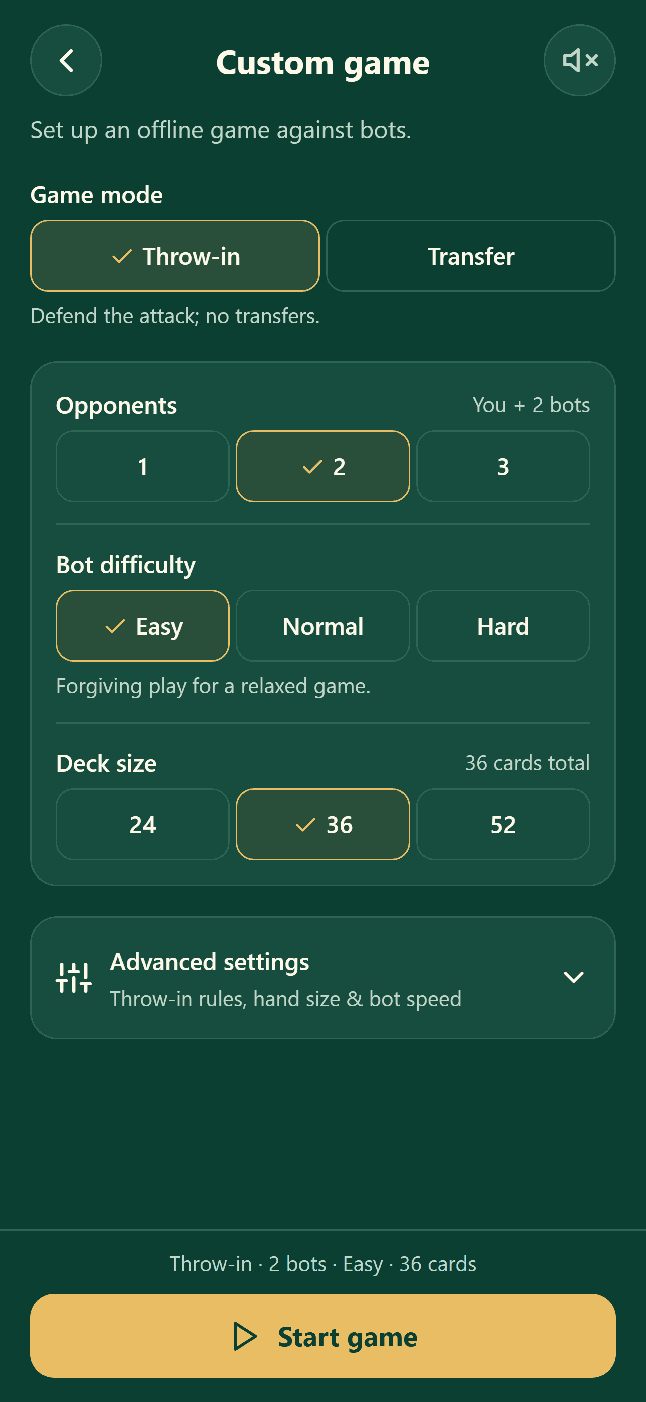 Custom game screen showing Throw-in and Transfer rules, opponents, bot difficulty, and deck size