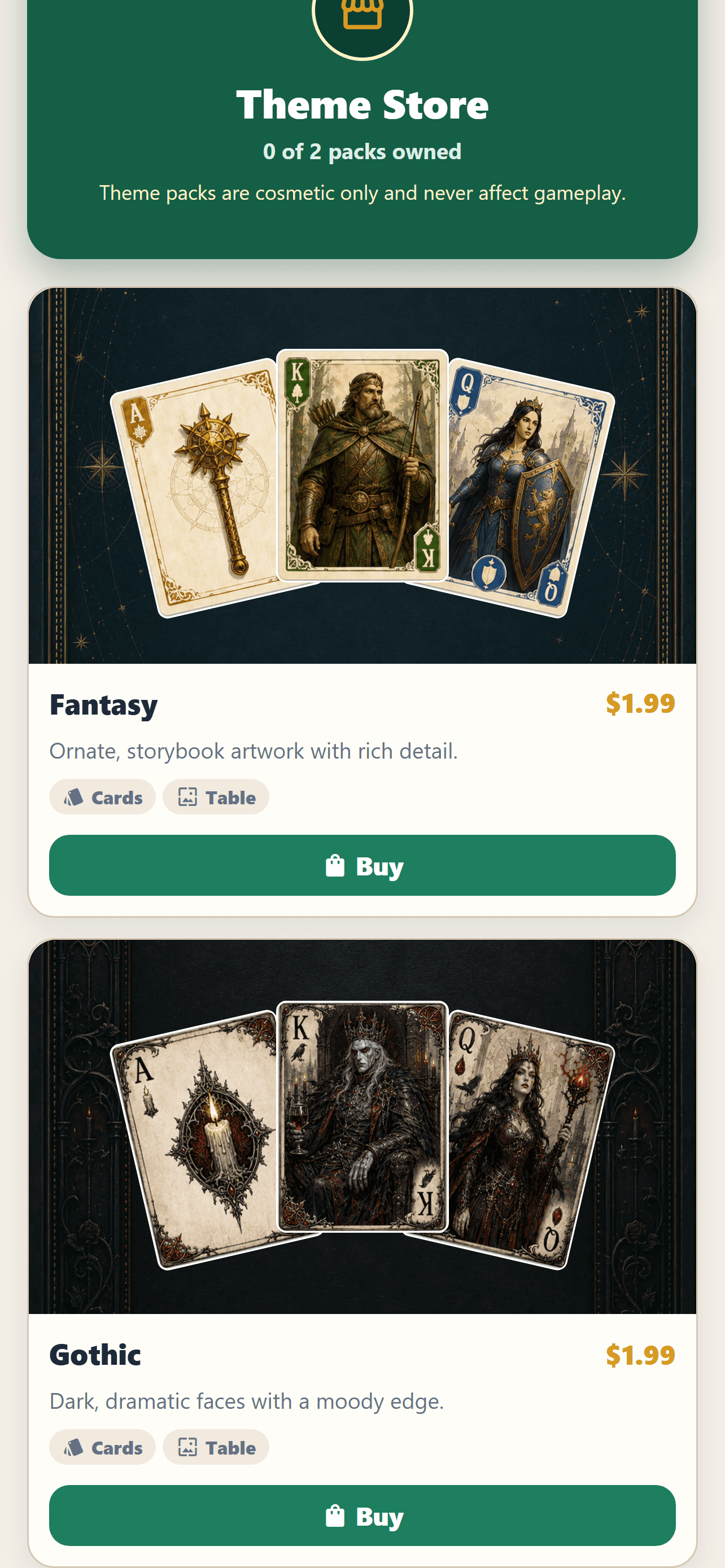 Durak's theme store displaying Fantasy and Gothic cosmetic card and table packs